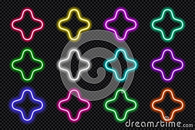 Neon round scallop border frames set. Glowing coloful flower button. Geometric shape action UI elements with copy space. Purple, Vector Illustration