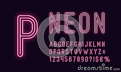 Neon rounded alphabet, Pink color. Outlined Font Vector Illustration