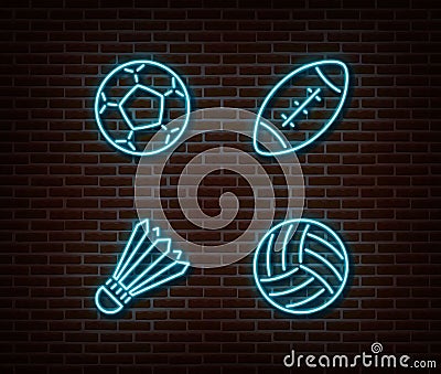 Neon rugby, soccer, badminton, volleyball balls sign vector isolated on brick wall. Sport balls ligh Vector Illustration