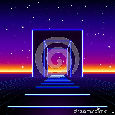 Neon 80s styled massive gate in retro game landscape with shiny road to the future Vector Illustration