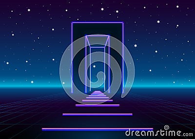 Neon 80s styled massive gate in retro game landscape with shiny road to the future Vector Illustration