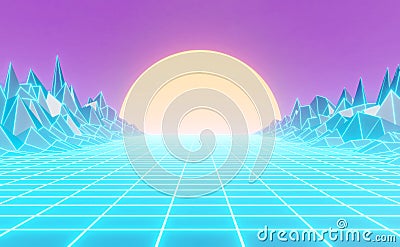 Neon 80s styled , vintage retro landscape ,background Stock Photo