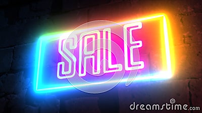 Neon sale sign on perspective brick wall background Stock Photo