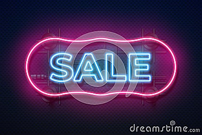 Neon sale sign. Retro light frame, futuristic glowing border shape, abstract advertising color background. Realistic Vector Illustration