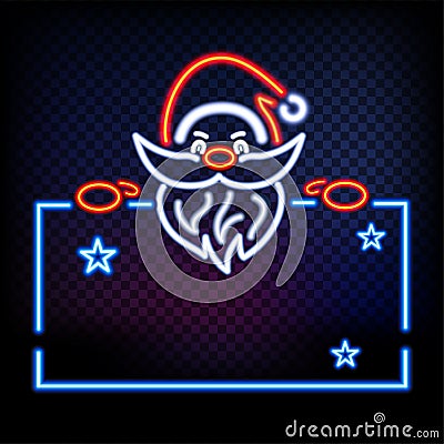 Neon Santa is holding banner. Glow on black background. Place for text. Christmas banner Vector Illustration