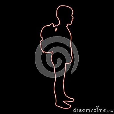 Neon schoolboy with backpack Pupil stand carrying on back Going to school concept Come back to school idea education Preschooler Vector Illustration