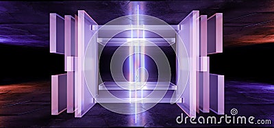 Neon Sci Fi Futuristic Glowing Purple Blue Cyber Glass Plates Stage Podium Club Fashion Event Show Concrete underground Dark Stock Photo