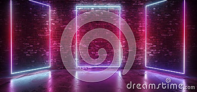 Neon Sci Fi Futuristic Retro Modern Elegant Club Glowing Gradient Blue Pink Purple Stage Rectangle Frame Lights On Brick Wall Stock Photo