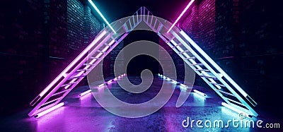 Neon Sci Fi Retro Construction Metal Arc Glowing Pantone Blue Purple Red Club Neon Dance Tunnel Corridor Brick Garage Underground Stock Photo