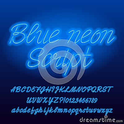 Neon script alphabet font. Blue color lowercase and uppercase bright letters and numbers. Vector Illustration