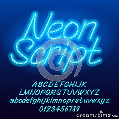 Neon script alphabet font. Blue color lowercase and uppercase shiny letters and numbers. Vector Illustration