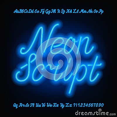 Neon script alphabet font. Blue neon uppercase and lowercase letters and numbers. Vector Illustration