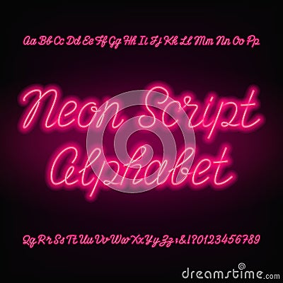 Neon script alphabet font. Handwriting neon uppercase and lowercase letters and numbers. Vector Illustration