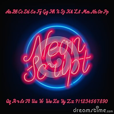 Neon script alphabet font. Red neon uppercase and lowercase letters and numbers. Vector Illustration