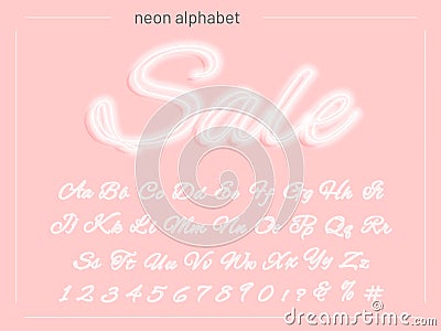 Neon script alphabet font. White neon uppercase and lowercase letters and numbers Stock Photo
