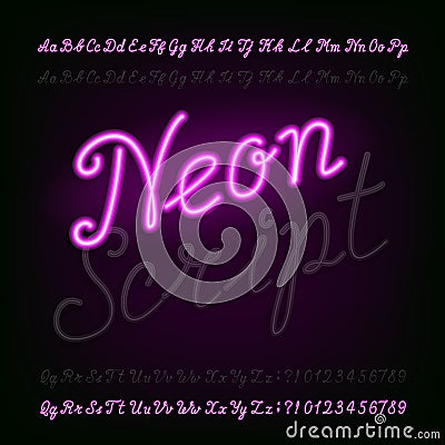 Neon script hand drawn alphabet font. Light turn on and off. Vector Illustration