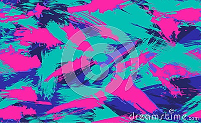 Neon Seamless camouflage pattern of brush strokes. Multicolor camouflage in cyberpunk style with neon flowers, perfect Vector Illustration