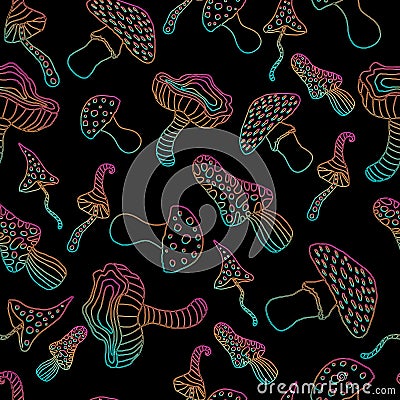 Neon seamless mushroom pattern,blue pink orange contour Vector Illustration