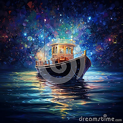 Neon Serenade: A Glowing Boat Sailing under a Starlit Sky Stock Photo