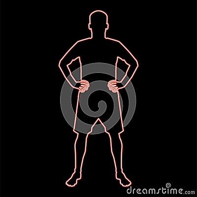 Neon serious man holding hands on belt confidence concept silhouette manager business red color vector illustration image flat Vector Illustration