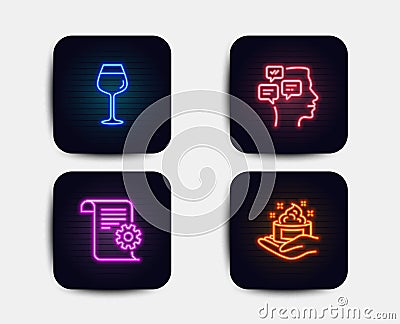 Messages, Technical documentation and Bordeaux glass icons. Skin care sign. Notifications, Manual, Wine glass. Vector Vector Illustration