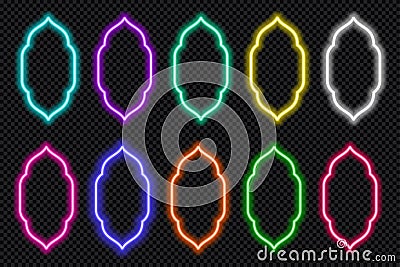 Neon shape Islamic door and window silhouette Glowing arabic arch. Collection of light portal in oriental style. Frames Vector Illustration