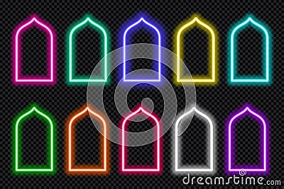 Neon shape Islamic door and window silhouette Glowing arabic arch. Collection of light portal in oriental style. Frames Vector Illustration