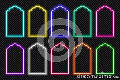 Neon shape Islamic door and window silhouette Glowing arabic arch. Collection of light portal in oriental style. Frames Vector Illustration