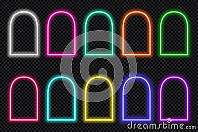 Neon shape Islamic door and window silhouette Glowing arabic arch. Collection of light portal in oriental style. Frames Vector Illustration