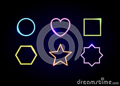 Neon shapes frames. Glowing circle, heart, square, hexagon, star and polygon symbols. Vector Illustration