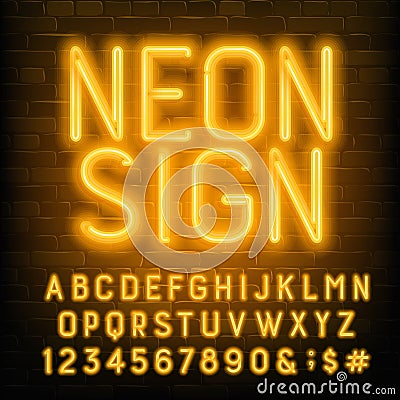 Neon Sign alphabet font. Yellow neon letters and numbers. Brick wall background. Vector Illustration