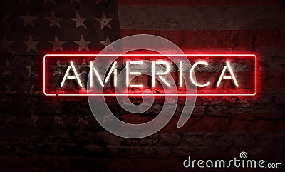 Neon Sign America USA United States Graphic Pop Art Conceptual Graphic Grunge Brick With American Flag Stock Photo