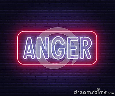 Neon sign Anger on brick wall background. Vector Illustration