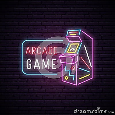 Neon sign of Arcade game machine. Vector Illustration
