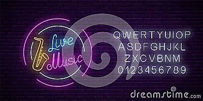 Neon sign of bar with live music with alphabet. Advertising glowing signboard of sound cafe with saxophone symbol Vector Illustration