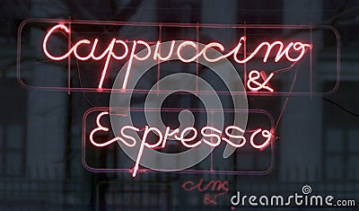 Neon sign (cappuccino & espresso) outside a cafe Stock Photo