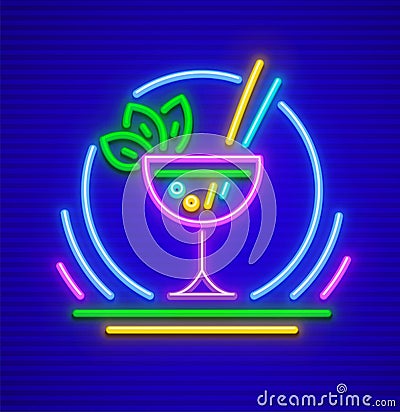 Neon sign cocktail in glass with peppermint Vector Illustration