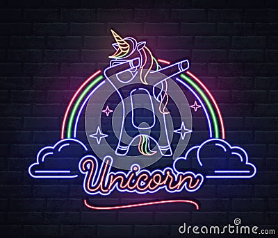 Neon sign dabbing unicorn with rainbow. Vintage electric signboard Vector Illustration
