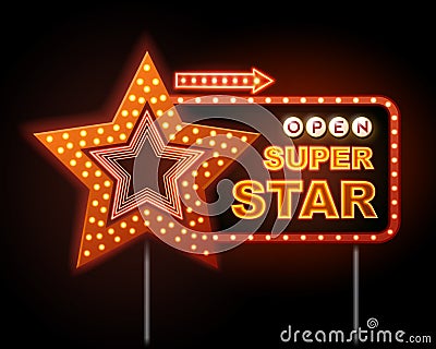 Neon sign of disco star and neon text super star Vector Illustration