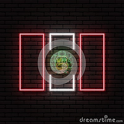 Neon sign in the form of the flag of republic of Peru. Against the background of a brick wall with a shadow. Vector Illustration