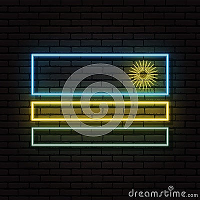 Neon sign in the form of the flag of Rwanda. Against the background of a brick wall with a shadow. Vector Illustration