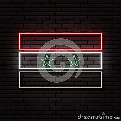 Neon sign in the form of the flag of Syria. Against the background of a brick wall with a shadow. Vector Illustration