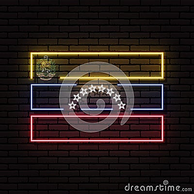 Neon sign in the form of the flag of Venezuela. Against the background of a brick wall with a shadow. Vector Illustration