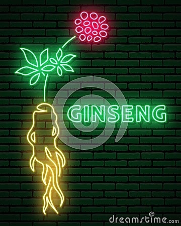 Neon sign, in the form of a ginseng plant. With root, stem, leaves and flowers. Against a brick wall. Vector Illustration