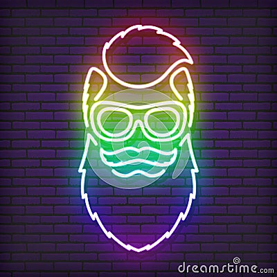 A neon sign in the form of a hipster with a beard, glasses and an iroquois. Vector Illustration