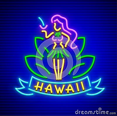 Neon sign with girl of hawaii cocktail Vector Illustration
