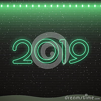 Neon sign of 2019 logo for decoration on the brick wall background. Concept of Merry Christmas and Happy New Year. Stock Photo