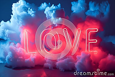 Neon sign LOVE in the clouds, illuminated with red neon light. Stock Photo