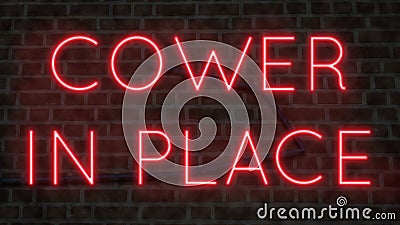 Red neon sign COWER IN PLACE Stock Photo