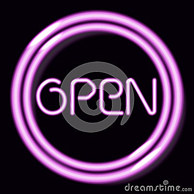 Neon sign Open. Pink round frame on a dark background Vector Illustration